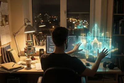 Рабочее место разработчика: ноутбук с кодом, кофе и вид на Казань